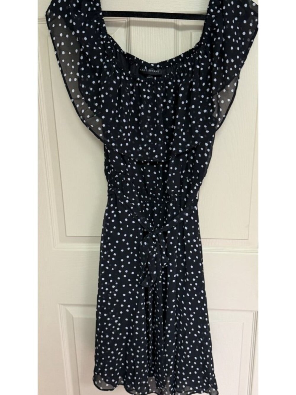 Lane Bryant Black White Polka Dot Sheer Ruffle Top Round Neck Size 18 20 Pockets